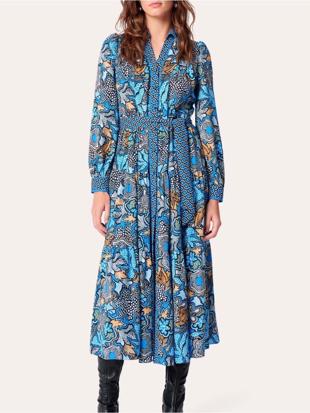 Diane Von Furstenberg Blue Floral-Print Long Sleeve Midi Dress